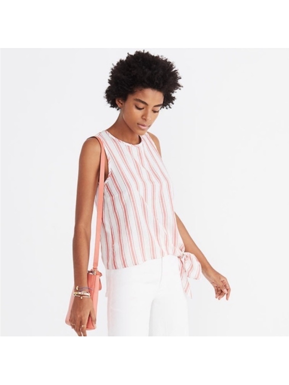 Madewell Sleeveless Pink Stripe Tie-Hem Top 100% Cotton